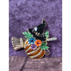 Halloween Witch Hat Pumpkin Brooch Pin Flowers Rhinestones Gold Tone